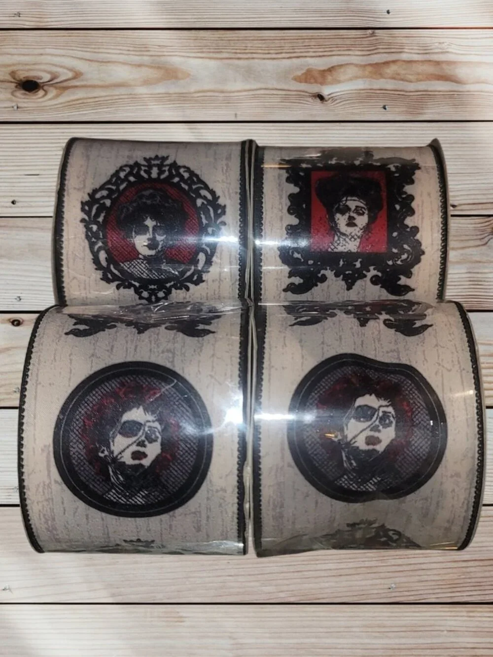 NEW - Lot of 4 - GOTHIC Portrait Wired Ribbon - Halloween Spooky Theme - 2.5 In.